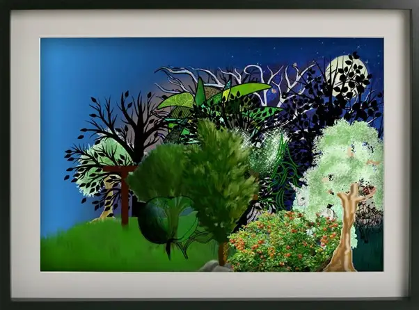 Digital forest artwork made up of many different trees, Turn Paper into Trees installation